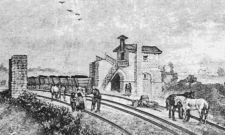 L'arrivée du charbon au port d'Andrézieux vers 1836. Auguste Victor Deroy et Charles Motte, « Les rives de la Loire dessinées d'après nature et lithographiées », 1836. Source https://aventuredutrain.com/p-11-le-premier-chemin-de-fer-du-continent.html