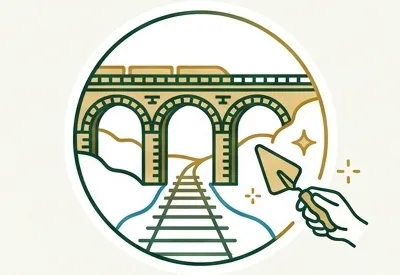 Logo voie ferrée et pont ferroviaire en brique.